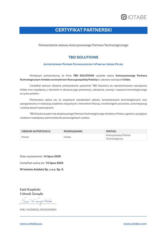 Certyfikat Partnerski IoTabe — TBD Solutions